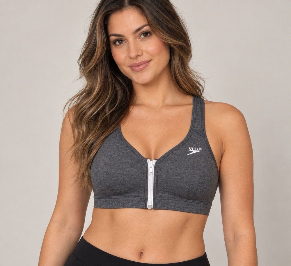 Speedo Women’s 34B Gray Front Zip Sports Bra Racerback Athletic Style 1903